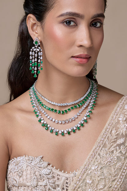 Silver Finish Zircon & Emerald Stone Layered Necklace Set
