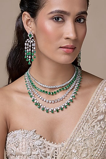 Silver Finish Zircon & Emerald Stone Layered Necklace Set