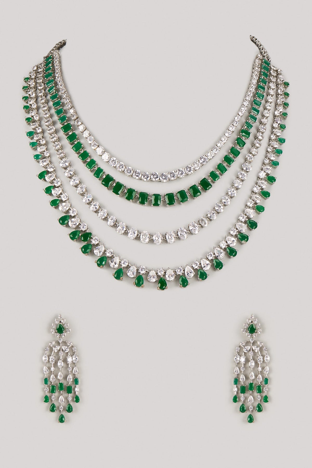 Silver Finish Zircon & Emerald Stone Layered Necklace Set