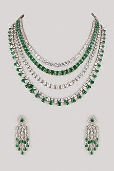 Silver Finish Zircon & Emerald Stone Layered Necklace Set