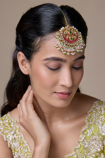 Gold Finish Kundan Polki & Ruby Maangtikka