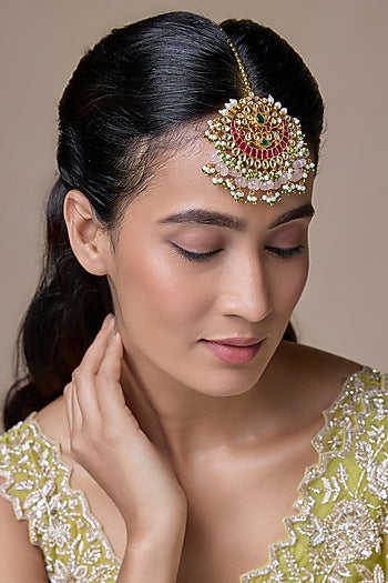 Gold Finish Kundan Polki & Ruby Maangtikka
