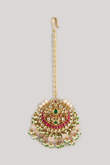 Gold Finish Kundan Polki & Ruby Maangtikka