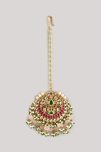 Gold Finish Kundan Polki & Ruby Maangtikka
