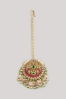 Gold Finish Kundan Polki & Ruby Maangtikka