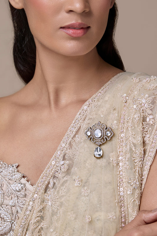 Gold Finish Kundan Polki & Zircon Brooch
