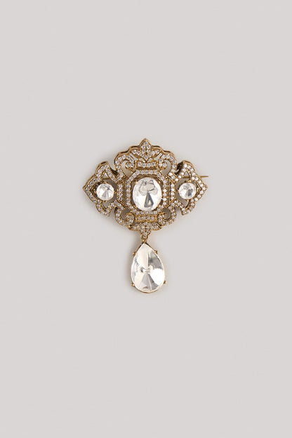 Gold Finish Kundan Polki & Zircon Brooch