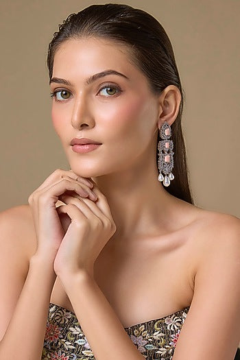 Silver Finish Peach Stone & Zircon Dangler Earrings