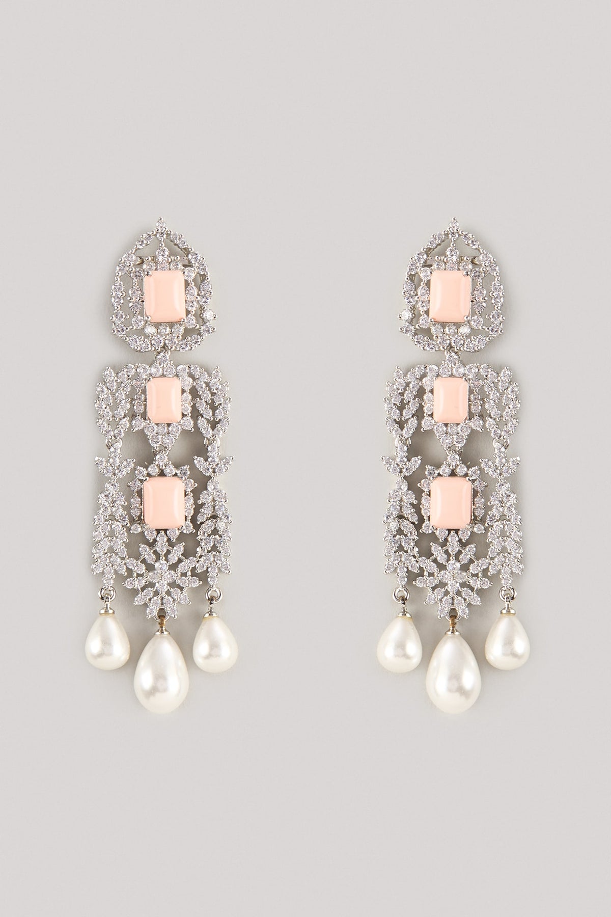 Silver Finish Peach Stone & Zircon Dangler Earrings