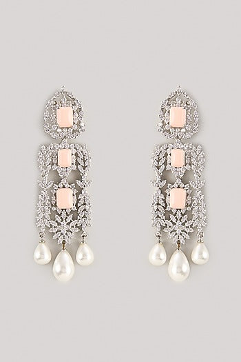 Silver Finish Peach Stone & Zircon Dangler Earrings