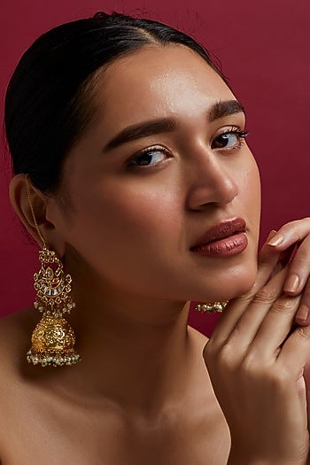 Gold Finish Kundan Polki Jhumka Earrings