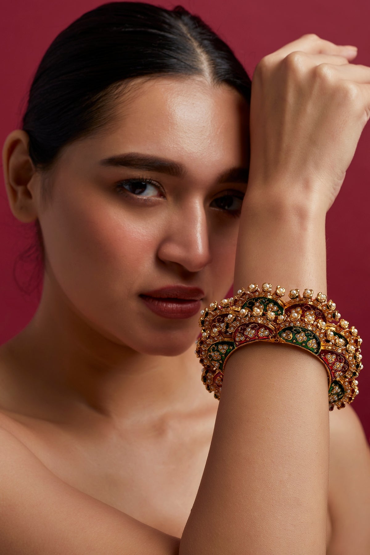 Gold Finish Green & Red Meenakari Bangles (Set of 2)