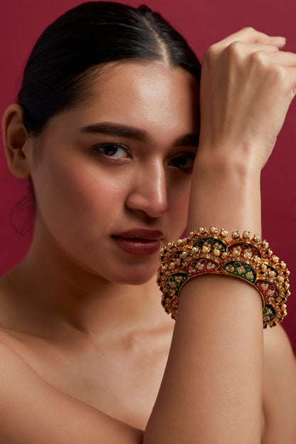 Gold Finish Green & Red Meenakari Bangles (Set of 2)