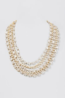 Gold Finish Grey Beaded Long Necklace