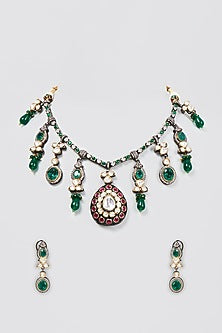 Black Rhodium Finish Red & Green Stone Choker Necklace Set