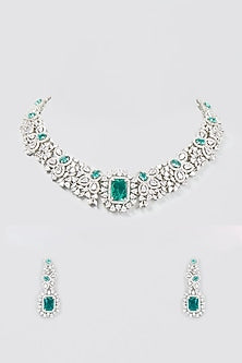 White Finish Aqua Stone Choker Necklace Set