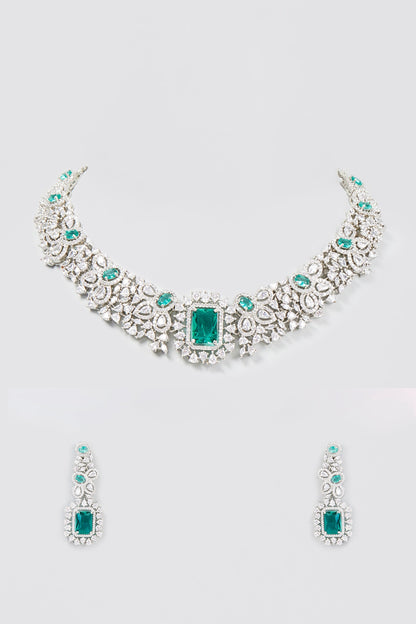 White Finish Aqua Stone Choker Necklace Set