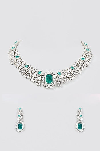 White Finish Aqua Stone Choker Necklace Set