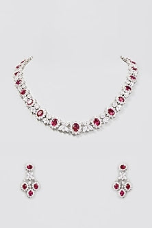 White Finish Hot Pink Stone Choker Necklace Set