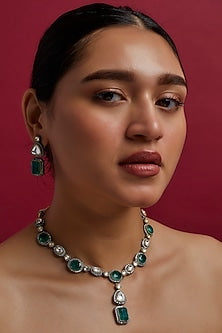 Gold Finish Green Stone & Kundan Necklace Set