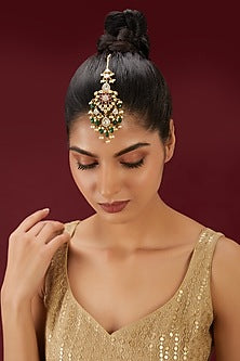 Gold Finish Kundan Polki & Green Beaded Maang Tikka