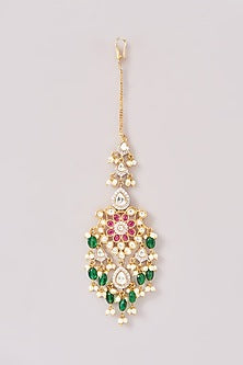 Gold Finish Kundan Polki & Green Beaded Maang Tikka