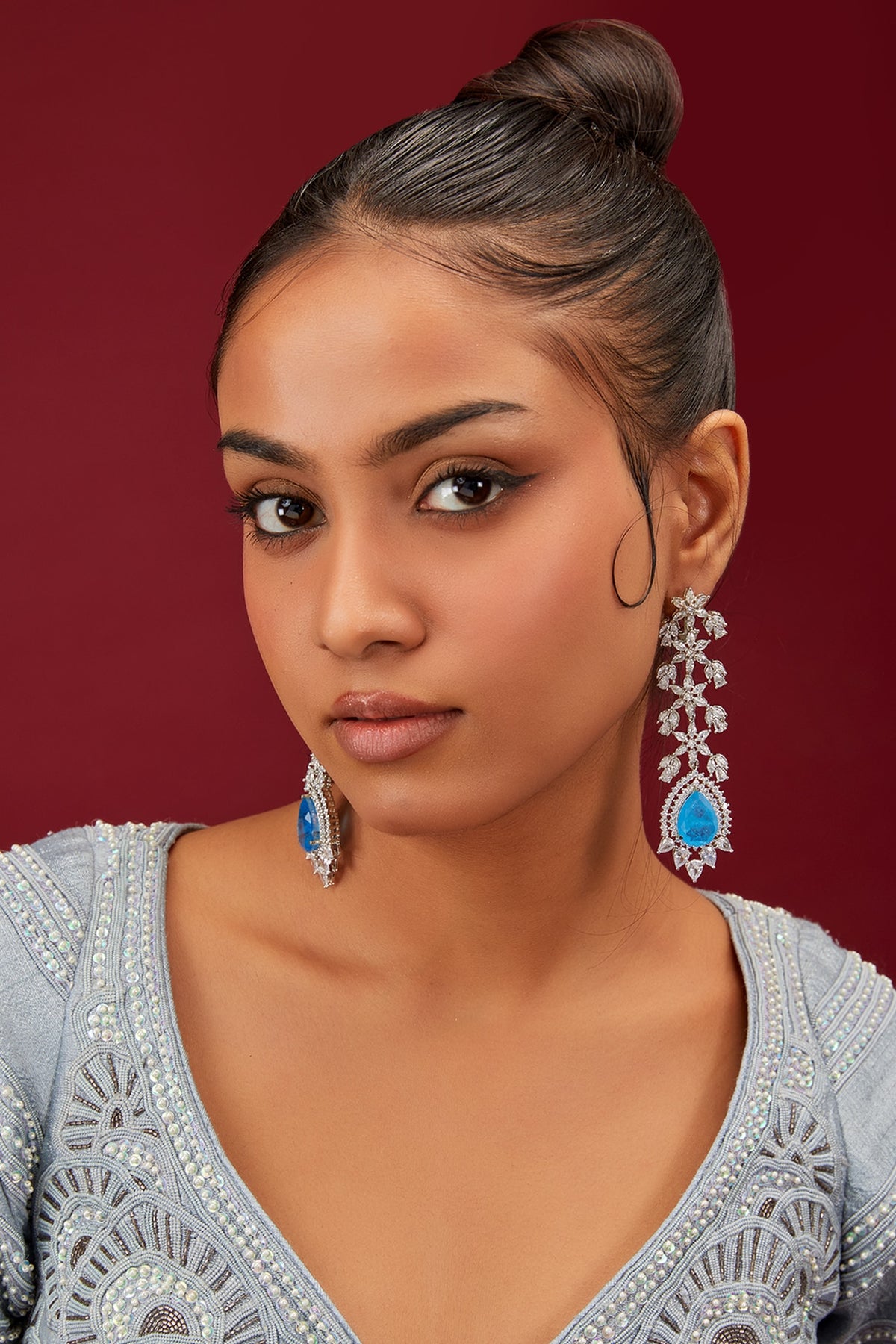 White Finish Zircon & Blue Stone Dangler Earrings