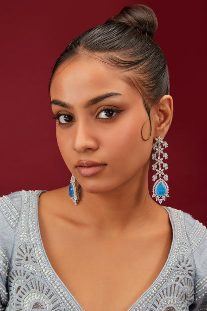 White Finish Zircon & Blue Stone Dangler Earrings