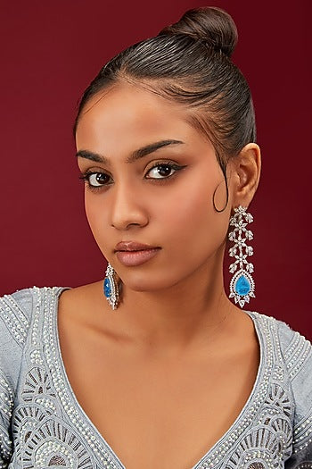 White Finish Zircon & Blue Stone Dangler Earrings