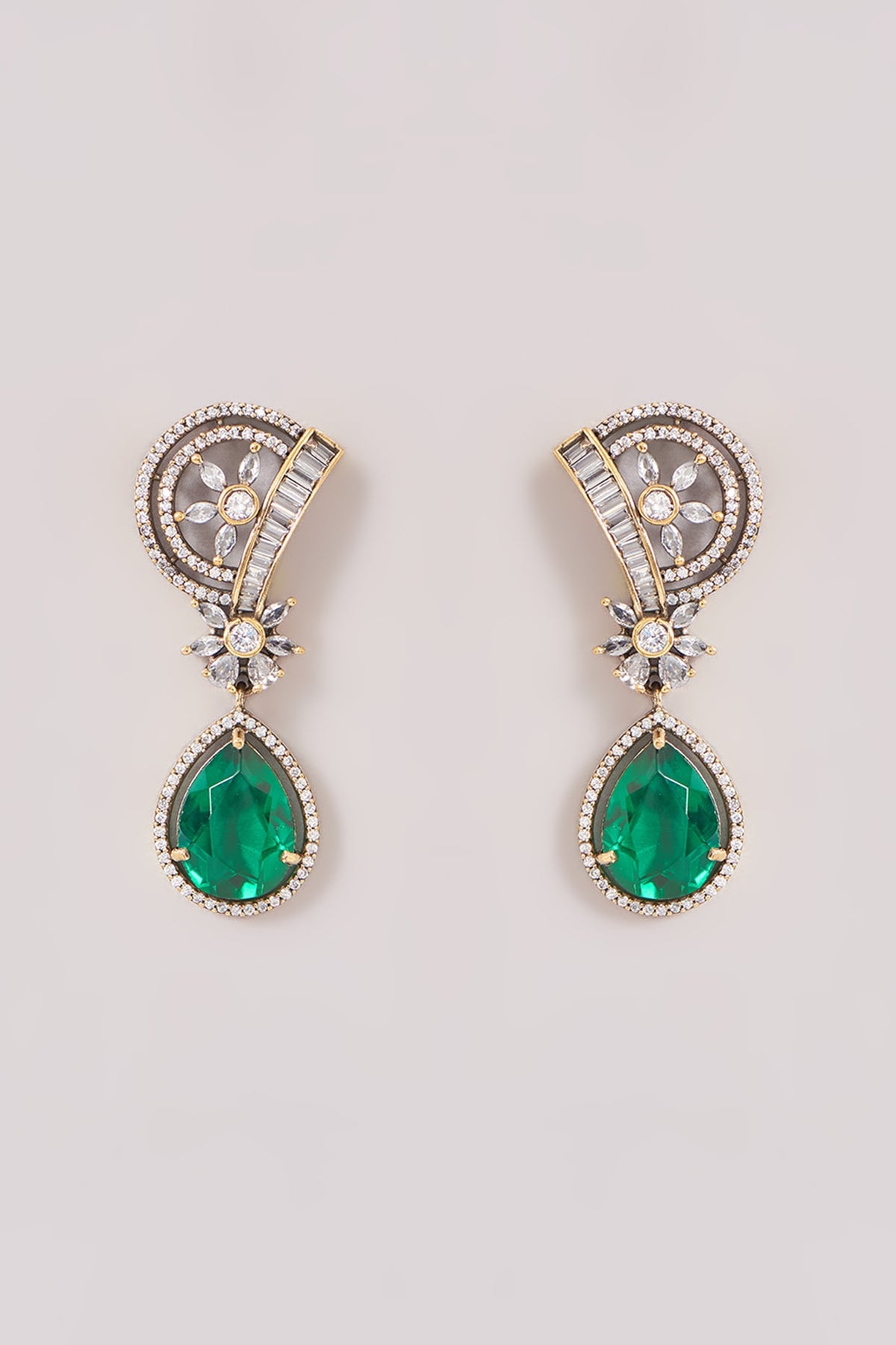 Gold Finish Zircon & Emerald Stone Dangler Earrings