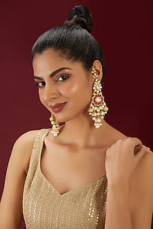 Gold Finish Kundan Polki & Red Stone Dangler Earrings