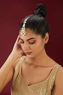 Gold Finish Kundan Polki & Pearl Maang Tikka