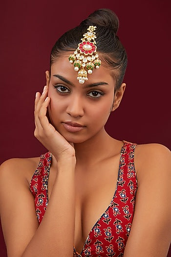 Gold Finish Red Kundan Polki & Pearl Maang Tikka
