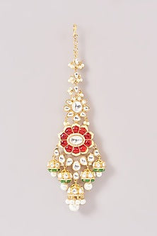 Gold Finish Red Kundan Polki & Pearl Maang Tikka