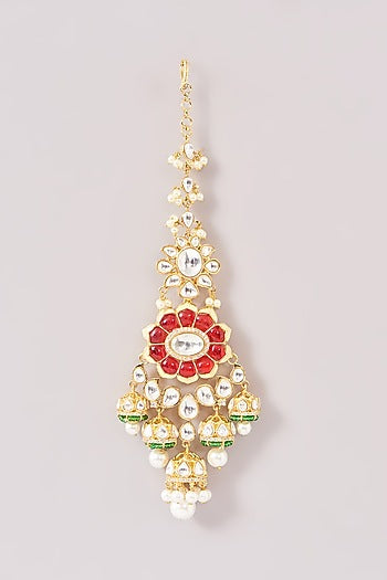 Gold Finish Red Kundan Polki & Pearl Maang Tikka