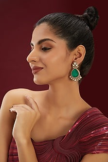 Gold Finish Kundan Polki & Mint Green Stone Dangler Earrings