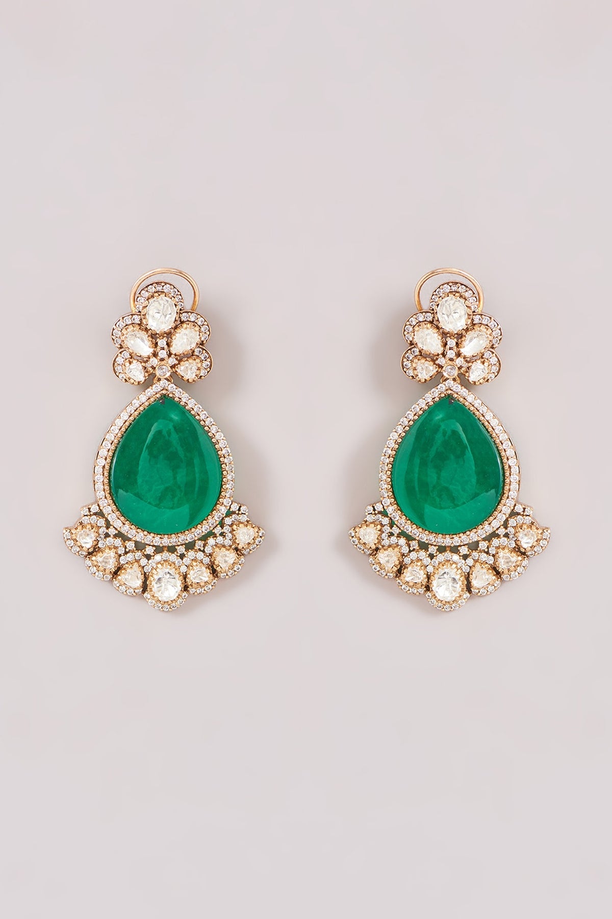 Gold Finish Kundan Polki & Mint Green Stone Dangler Earrings