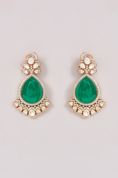 Gold Finish Kundan Polki & Mint Green Stone Dangler Earrings