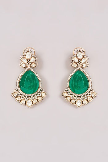 Gold Finish Kundan Polki & Mint Green Stone Dangler Earrings