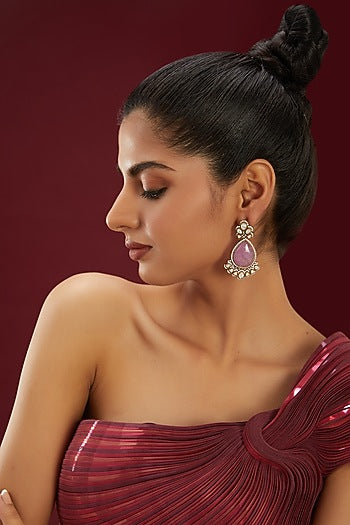 Gold Finish Kundan Polki & Purple Stone Dangler Earrings