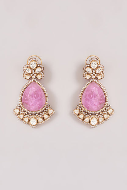 Gold Finish Kundan Polki & Purple Stone Dangler Earrings