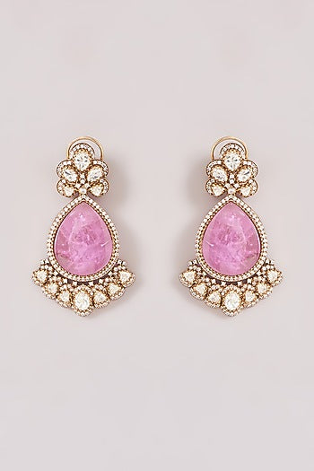 Gold Finish Kundan Polki & Purple Stone Dangler Earrings
