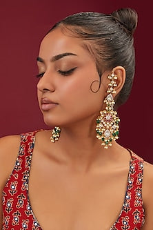 Gold Finish Kundan Polki & Red Stone Dangler Earrings