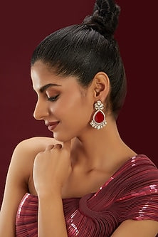 Gold Finish Kundan Polki & Red Stone Dangler Earrings