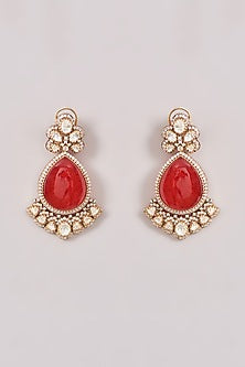 Gold Finish Kundan Polki & Red Stone Dangler Earrings