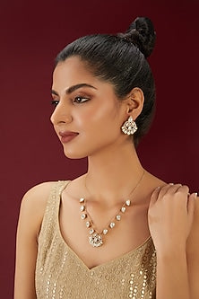Gold Finish Kundan Polki Floral Long Necklace Set