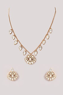 Gold Finish Kundan Polki Floral Long Necklace Set