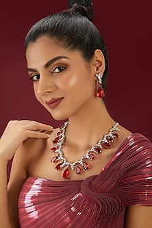 White Finish Zircon & Ruby Stone Long Necklace Set