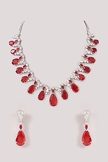 White Finish Zircon & Ruby Stone Long Necklace Set