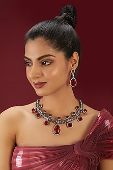 Black Rhodium Finish Zircon & Ruby Stone Choker Necklace Set